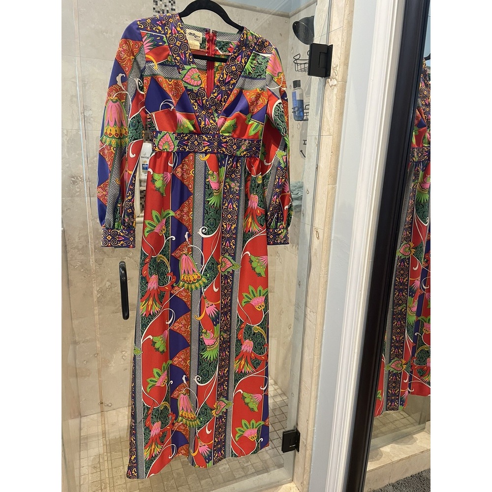 Vintage 70s Tori Richard Hawaiian Long Sleeve Maxi Dress Small Multi-Color